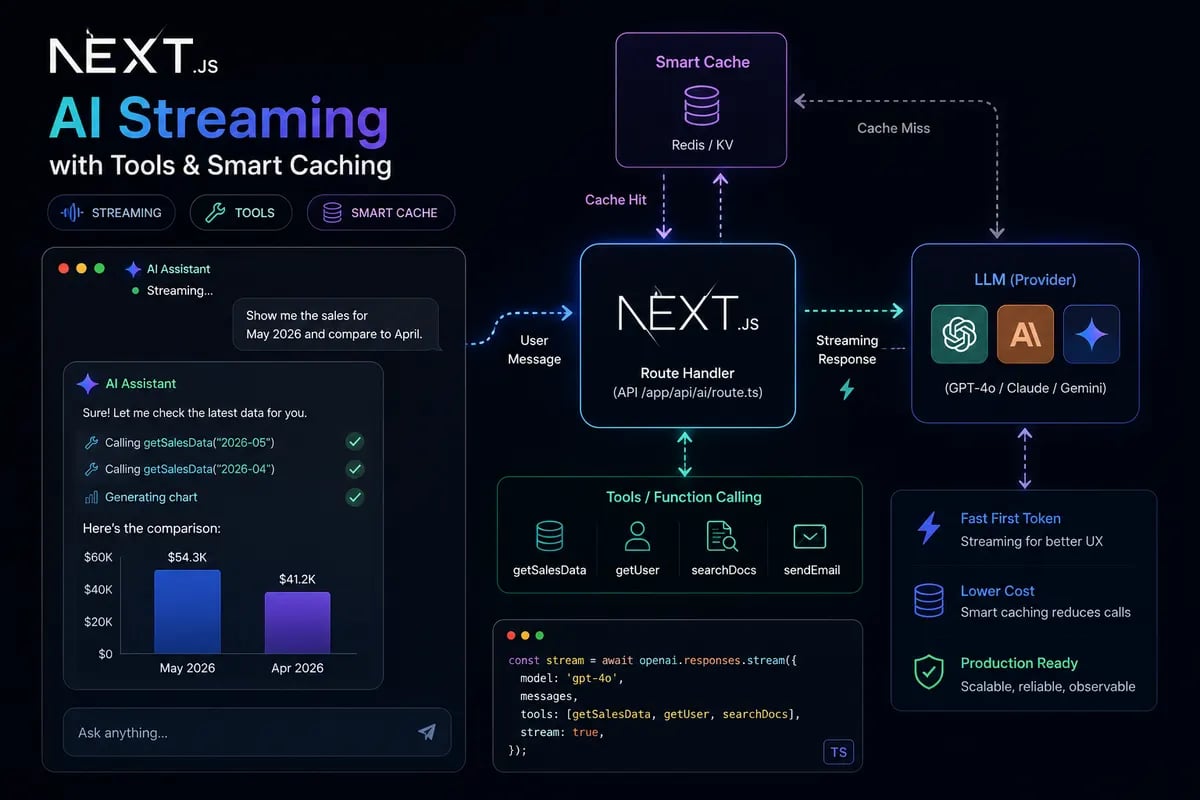 Featured image for blog post: Next.js AI Streaming with Tools and Smart Caching